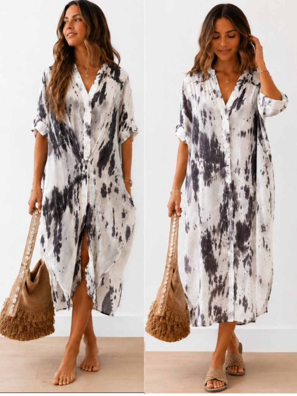 Maven West Tie-Dye Cupro Shirt Dress Relaxed Oversized S/M Black White